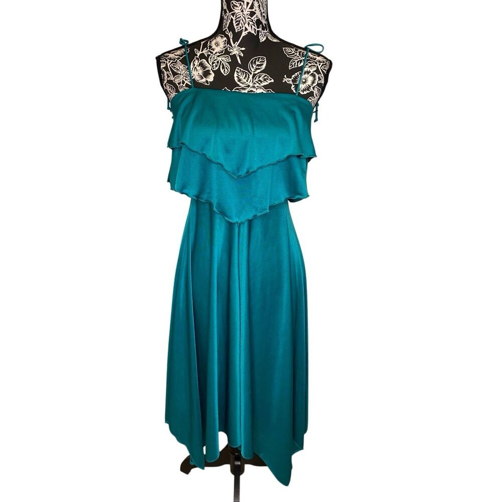 Vintage Teal Ruffle Tiered Handkerchief Hem Fairycore Midi Dress Prom Homecoming